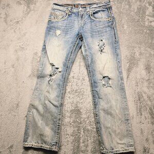 Rock Revival Chad Boot Distressed Jeans Mens 32 Blue Denim Straight E886285